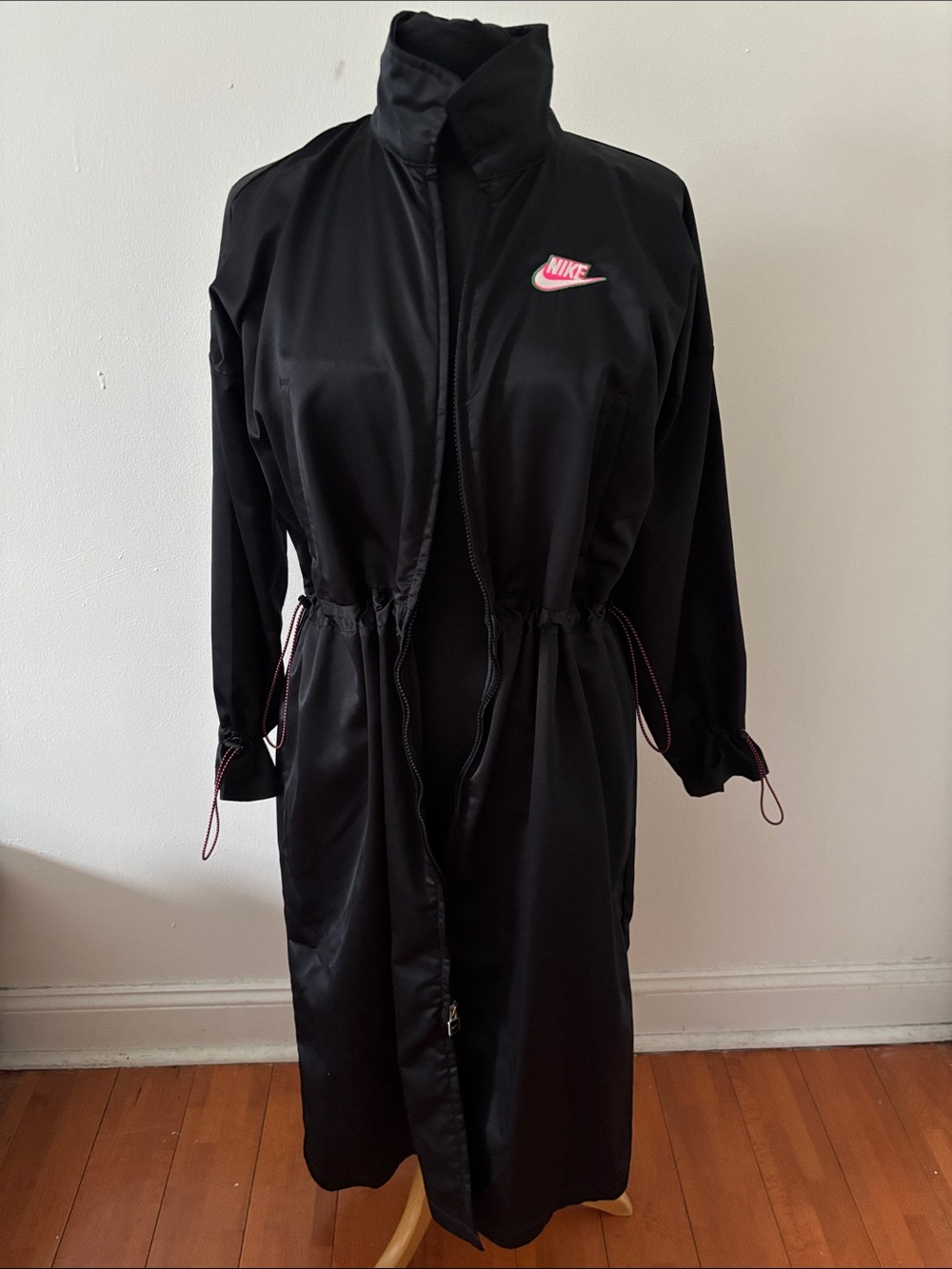 Nike Black Long Satin Jacket with Swoosh in the front & back